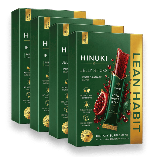 Pacchetto Hinuki 4 confezioni — quattro scatole verdi di stick di gelatina Lean Habit, più popolare