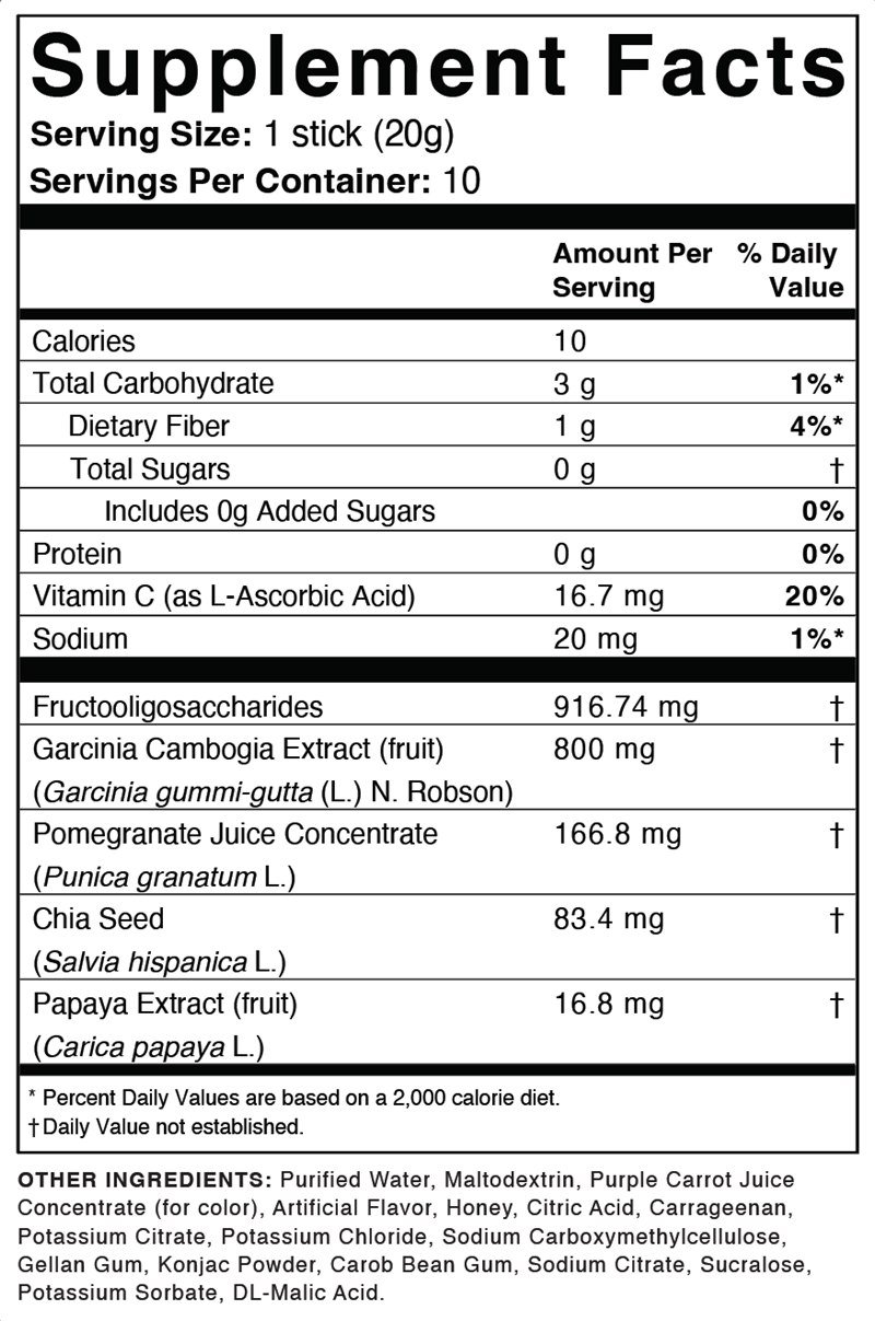 Etichetta nutrizionale dello stick di gelatina Hinuki con calorie, fibre e ingredienti